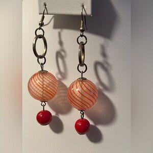 Striped Orange globes and Red Dangle Earrings